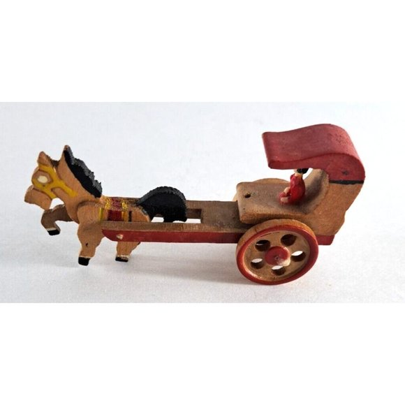 Vintage Wood Toy Horse Cart Carriage W Lady Japan Moveable Wheels 3.5" - Picture 2 of 6